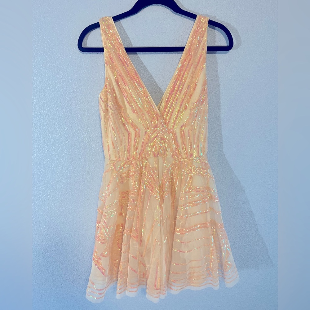 BEBE peach pink mini sequin dress